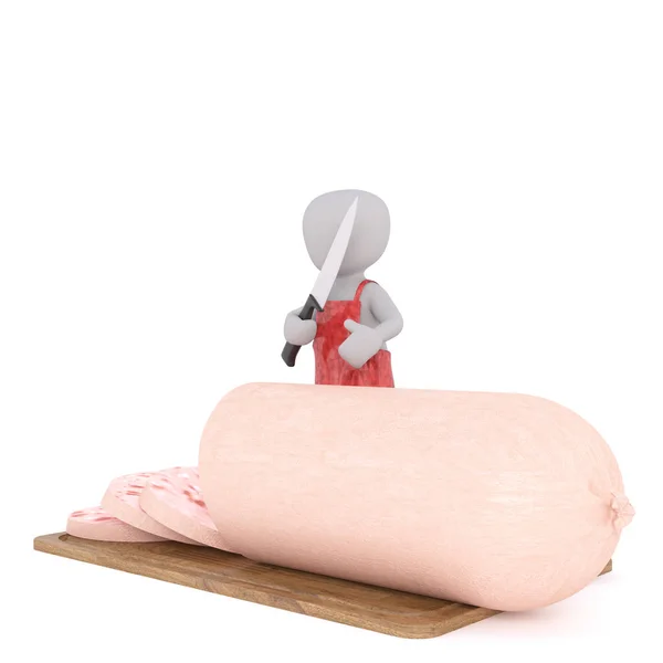 Única figura 3D em pé sobre salsicha com faca — Fotografia de Stock