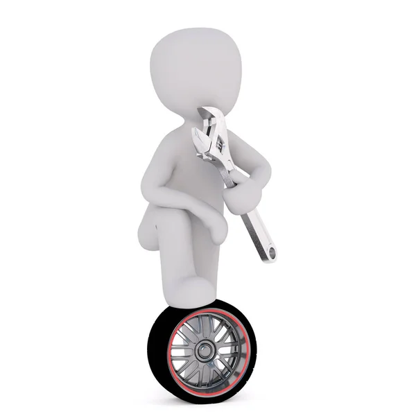 3d toon mechanic with wrench and foot on wheel — Stock Photo, Image