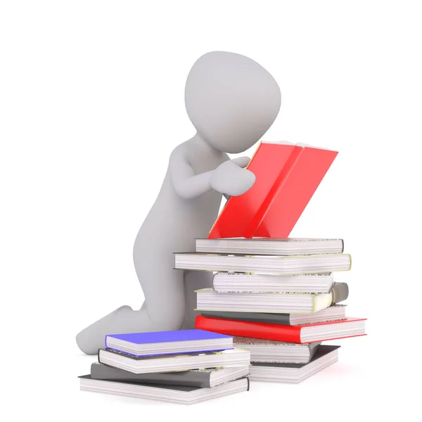 3d toon studing with pile of books — Stock Photo, Image