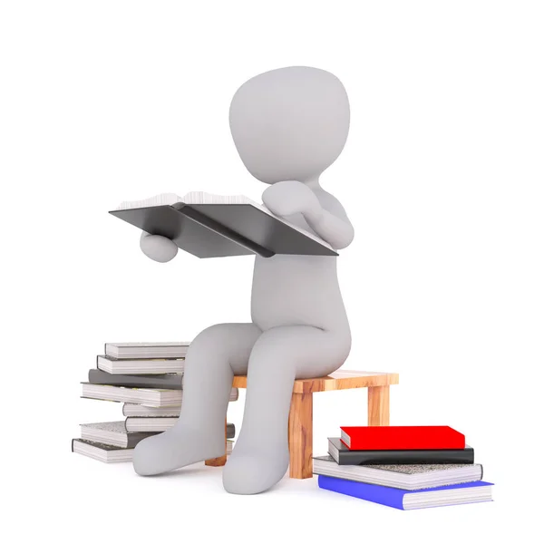 3d toon student sat with stacks of books — Stock Photo, Image