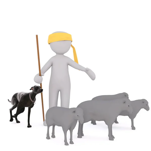 3d pastor de desenhos animados e seu cão cuidando de ovelhas — Fotografia de Stock