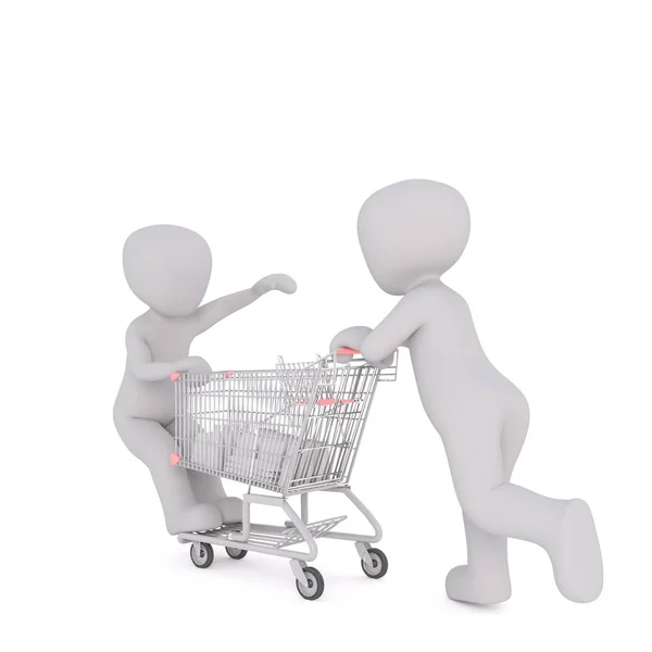 ショッピングカートに子供を押す3D男 — ストック写真