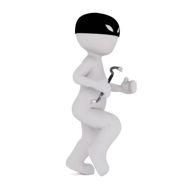 3d thief or burglar tip toeing along with a jemmy