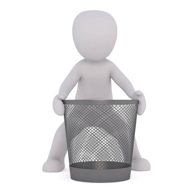 3D beyaz adamın yanında çöp sepeti