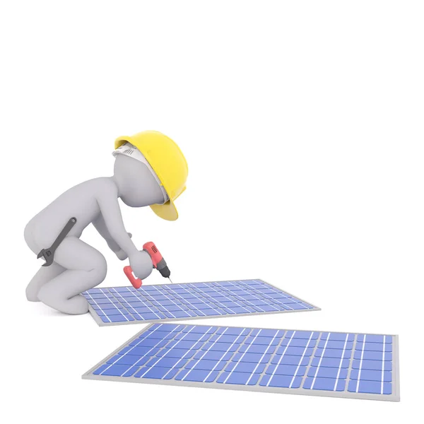 3d toon trabajador fijación de paneles solares azules —  Fotos de Stock