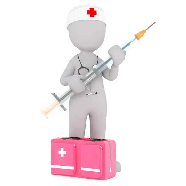 Cartoon Doctor with Kit Holding Large Syringe — Stock Photo, Image