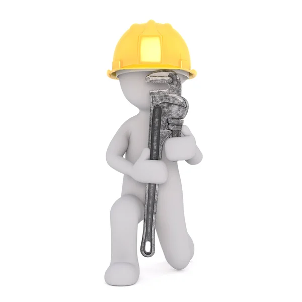 Cartoon Construction Worker Holding Large Wrench — Stock Photo, Image