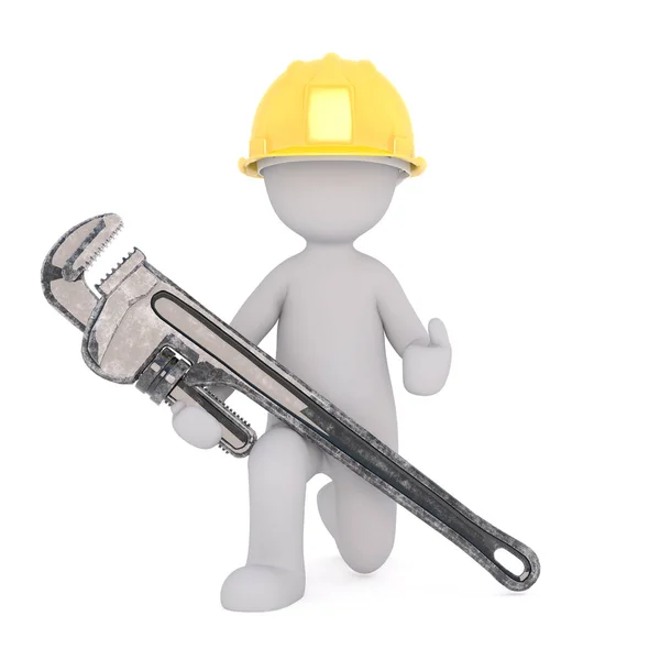 Bauarbeiter hält großen Schraubenschlüssel in der Hand — Stockfoto