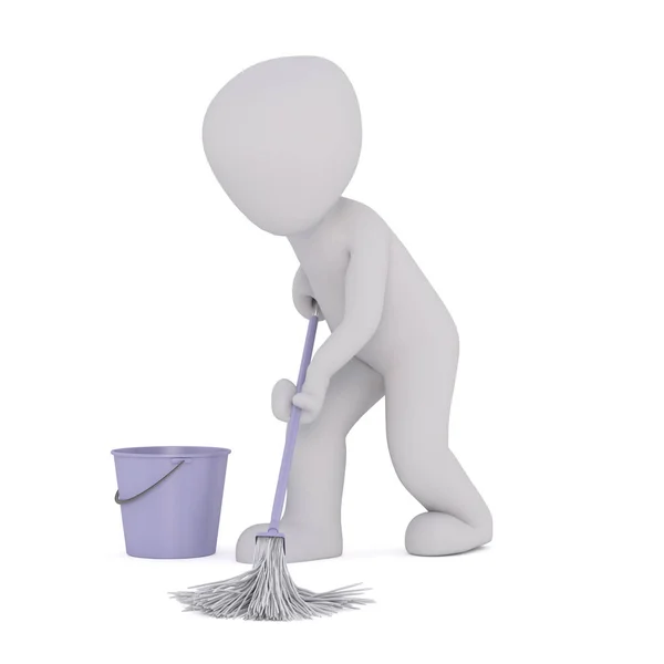 Мультфильм уборщик моет пол с помощью фиолетового ведра — стоковое фото