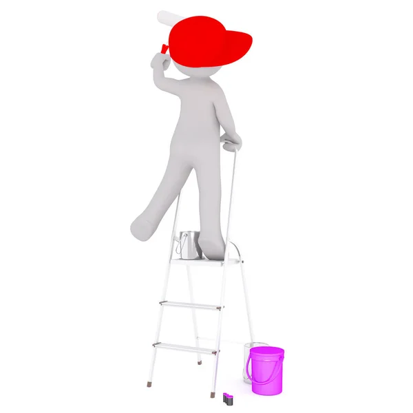 ローラーと梯子の上の赤いキャップの漫画画家 — ストック写真