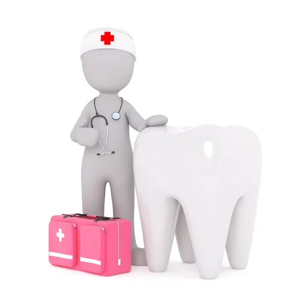 Cartoon Doctor with Large Tooth and Medical Kit — Stock Photo, Image