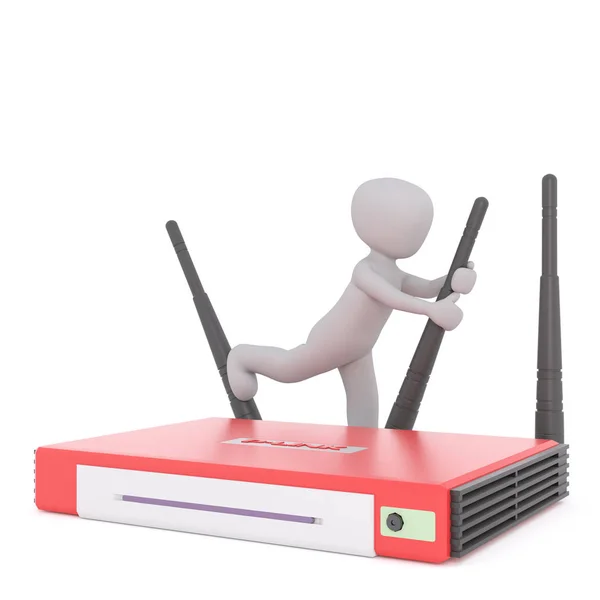 Cartoon Figure Adjusting Antenna on Internet Modem — Stock Photo, Image