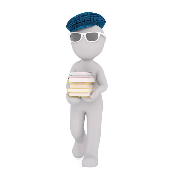 Cartoon Figure in Cap Carrying Stack of Books