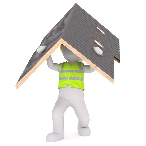 Cartoon Builder Wearing Vest and Carrying Roof — Stock Photo, Image