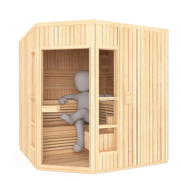 Figure de dessin animé assis confortablement dans le sauna en bois — Photo