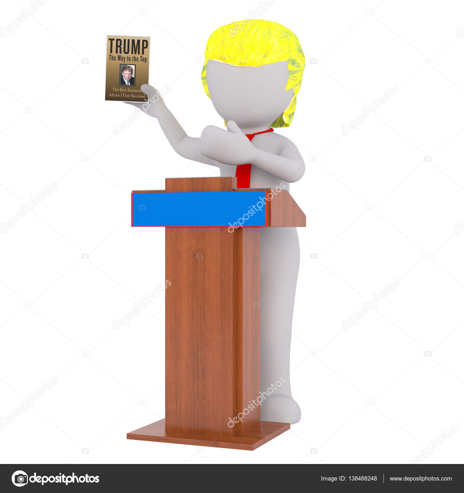 3D cartoon figura di Donald Trump con bionda stilizzato capelli indossando Red Neck Tie Standing al podio e Holding Up libro davanti a sfondo bianco — Foto