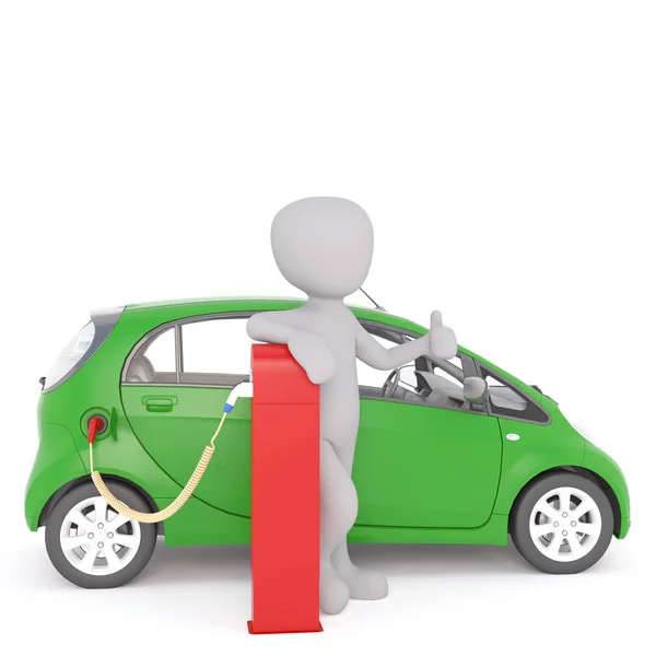 Glückliche Cartoon-Figur lädt Elektroauto auf — Stockfoto