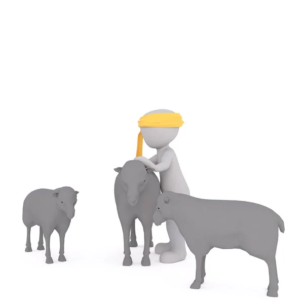 3D человек пастух с овцами — стоковое фото