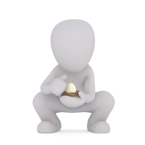 3D illustrated man squats while holding egg — Stock Photo, Image