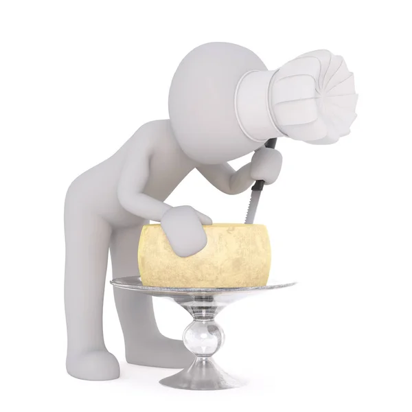 3D chef toon krojenia sera na talerzu — Zdjęcie stockowe