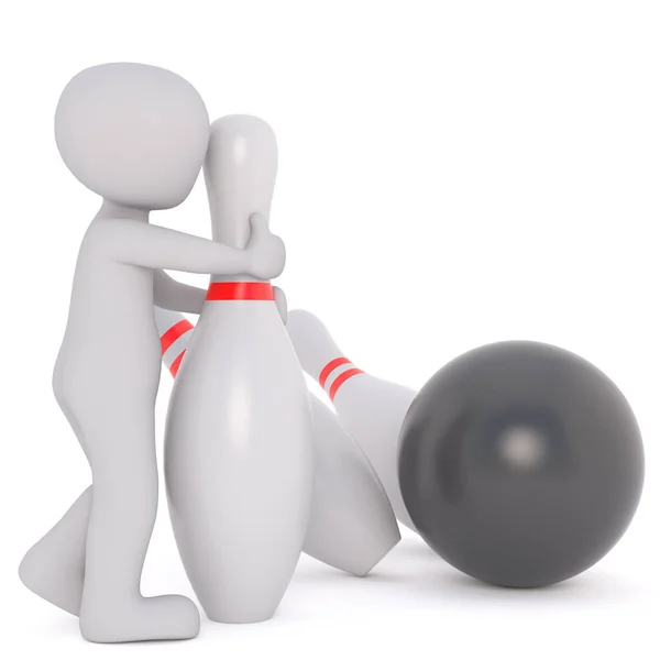 Cartoonfigur mit Kegelnadeln und Bowlingkugel — Stockfoto