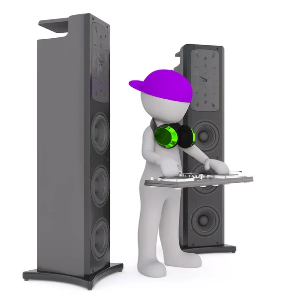 Cartoon DJ at Turn Table Between Large Speakers — Stock Photo, Image