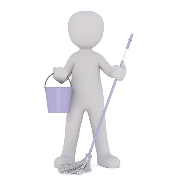 Kreslený čisticí drží fialové Mop a vědro — Stock fotografie
