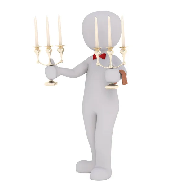 Camarero de dibujos animados con corbata roja sosteniendo candelabros — Foto de Stock
