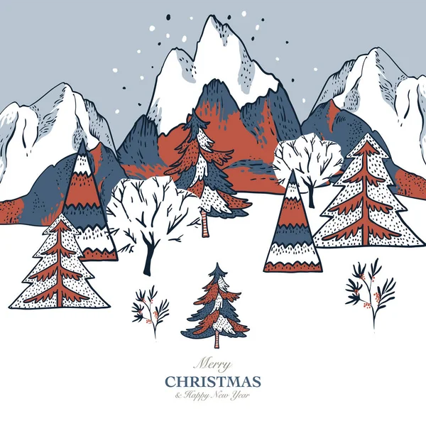 Різдвяна ілюстрація, зимовий вінтажний гірський пейзаж, Happy — стоковий вектор