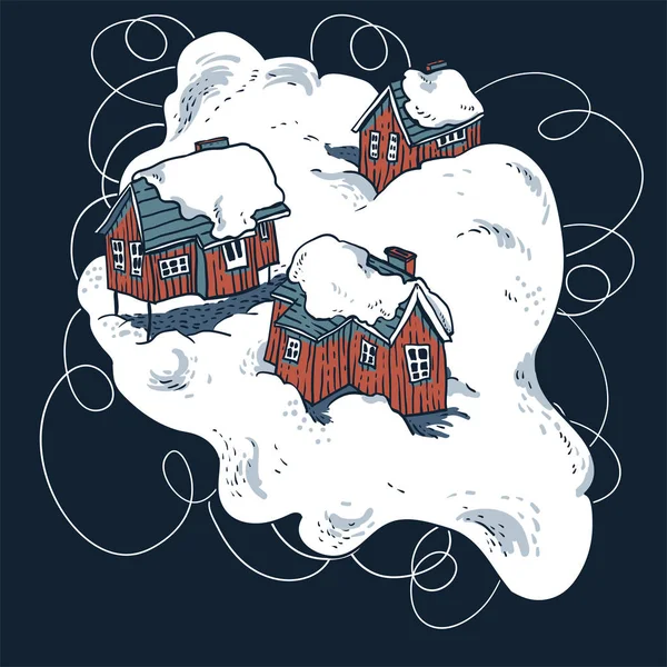 Jul illustration, vinter röda hus täckt med snö i — Stock vektor