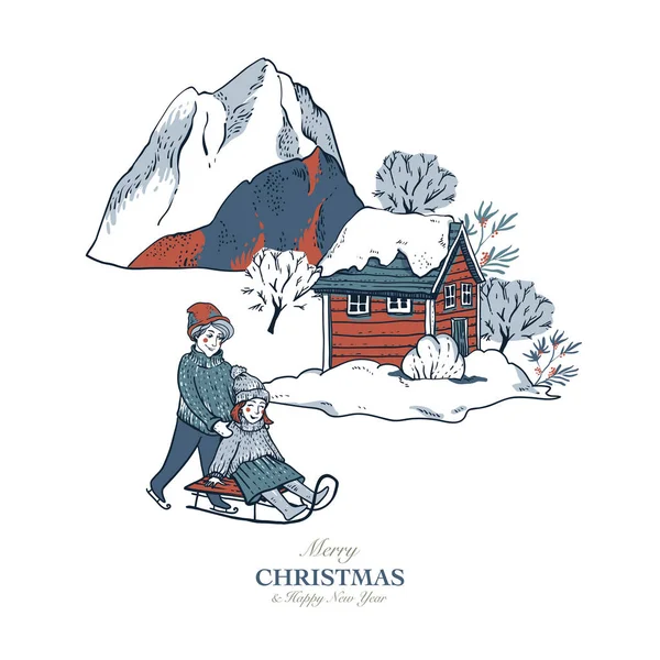 Старовинні різдвяні ілюстрації в скандинавському стилі зими — стоковий вектор