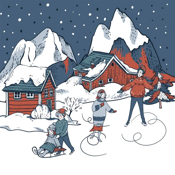 Винтажная рождественская иллюстрация в скандинавском стиле зимы — стоковый вектор