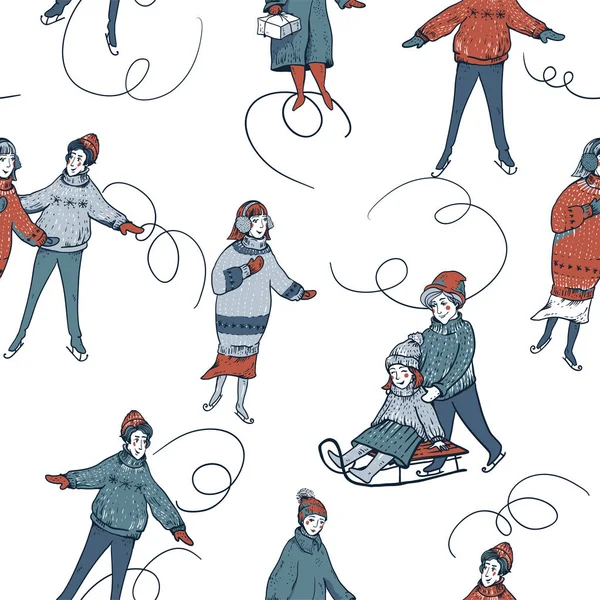 Урожай безшовний візерунок зимових людей катання на ковзанах — стоковий вектор