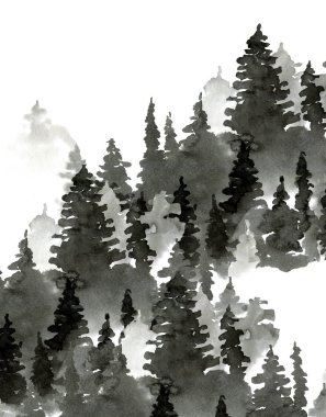 Siyah ve Beyaz Kozalaklı Ağaç Silueti, Monochrom