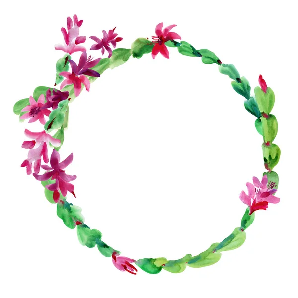 Watercolor Christmas Cactus Wreath, Thanksgiving cactus Frame, — Stock Photo, Image