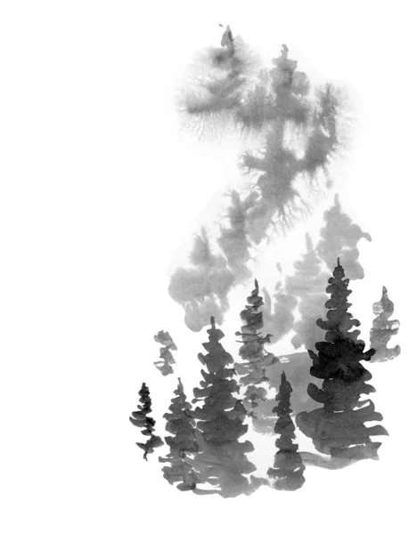 Winter Black and White Watercolor Silhouette of Conifer Tree, Mo — Stock Photo, Image