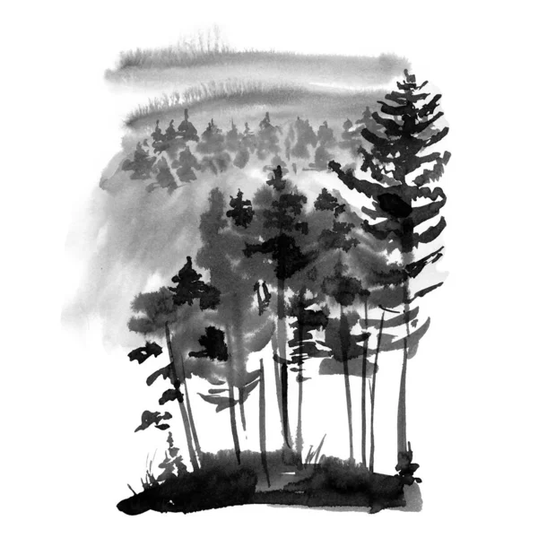 Inverno Bianco e nero Acquerello Silhouette di Conifer Tree, Mo — Foto Stock