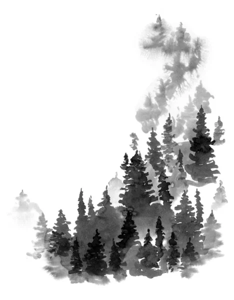 Inverno Bianco e nero Acquerello Silhouette di Conifer Tree, Mo — Foto Stock