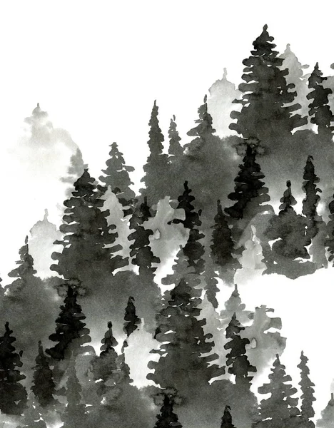 Bianco e nero acquerello Silhouette di Conifer Tree, Monochrom — Foto Stock