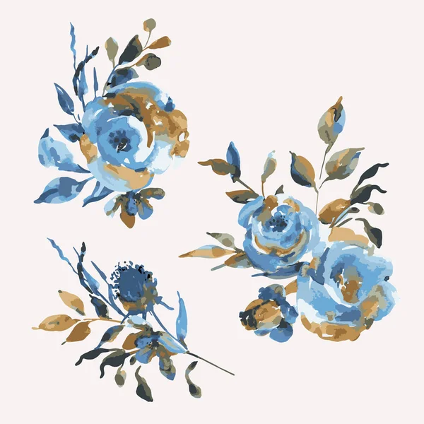 Conjunto de ramos de rosas turquesas, flores silvestres, diseño vintage ele — Vector de stock