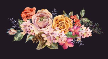Watercolor vintage greeting card with rose, hydrangea, pinecones