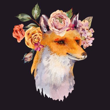 Çiçekli ormanlık orman tilkisi tebrik kartı, güller, ortanca, 