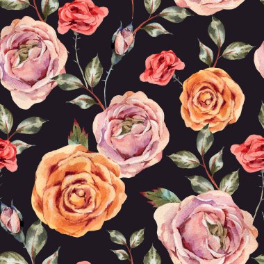 Çiçeksiz suluboya desenli güller, yapraklar