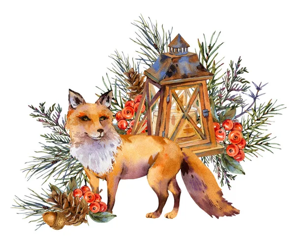 Watercolor floresta raposa cartão de saudação, raposa bonito, lanterna rústica , — Fotografia de Stock