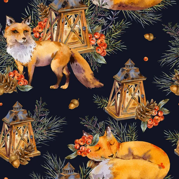 Aquarela floresta raposa sem costura padrão, raposa bonito, lante rústico — Fotografia de Stock