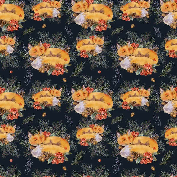 Watercolor woodland fox seamless pattern, Sleeping fox