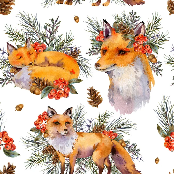 Watercolor woodland fox seamless pattern, Cute fox with forest w