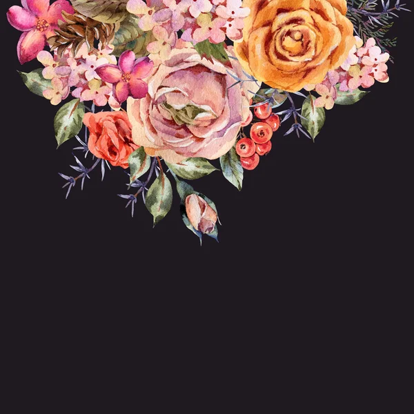 Akvarell szüret üdvözlőlap rózsával, hortenziával, tobozzal — Stock Fotó