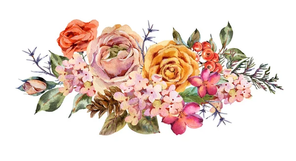 Tarjeta de felicitación vintage acuarela con rosa, hortensias, cono de pino — Foto de Stock