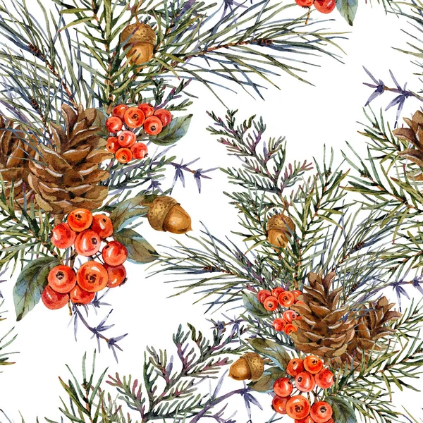 Watercolor winter seamless pattern with bouquet of spruce branch — Stock Photo, Image